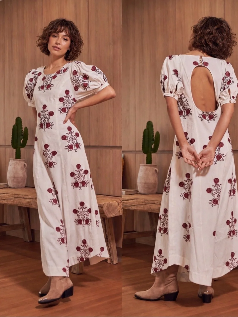 Free People women Cactus flower embroidered puff 1/2 sleeve white maxi dress XS